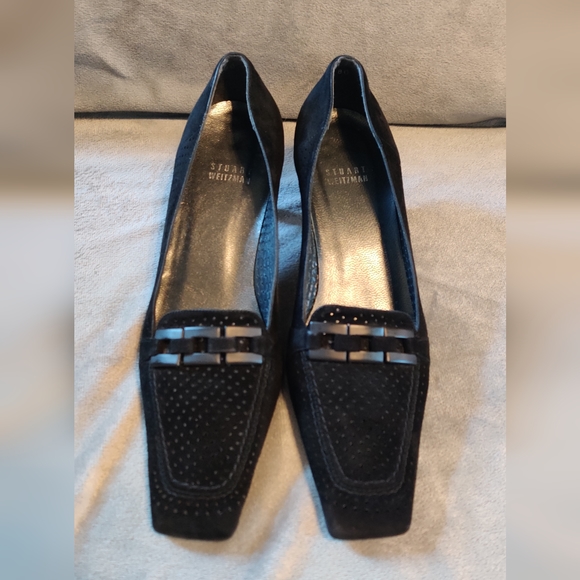 Stuart Weitzman Blk Suede Cutout Square Toe Pump SZ 8 - Picture 1 of 5